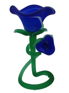 MURANO Cobalt Blue Rose Flower Frosted Tulip  Art Glass Candlestick Holder